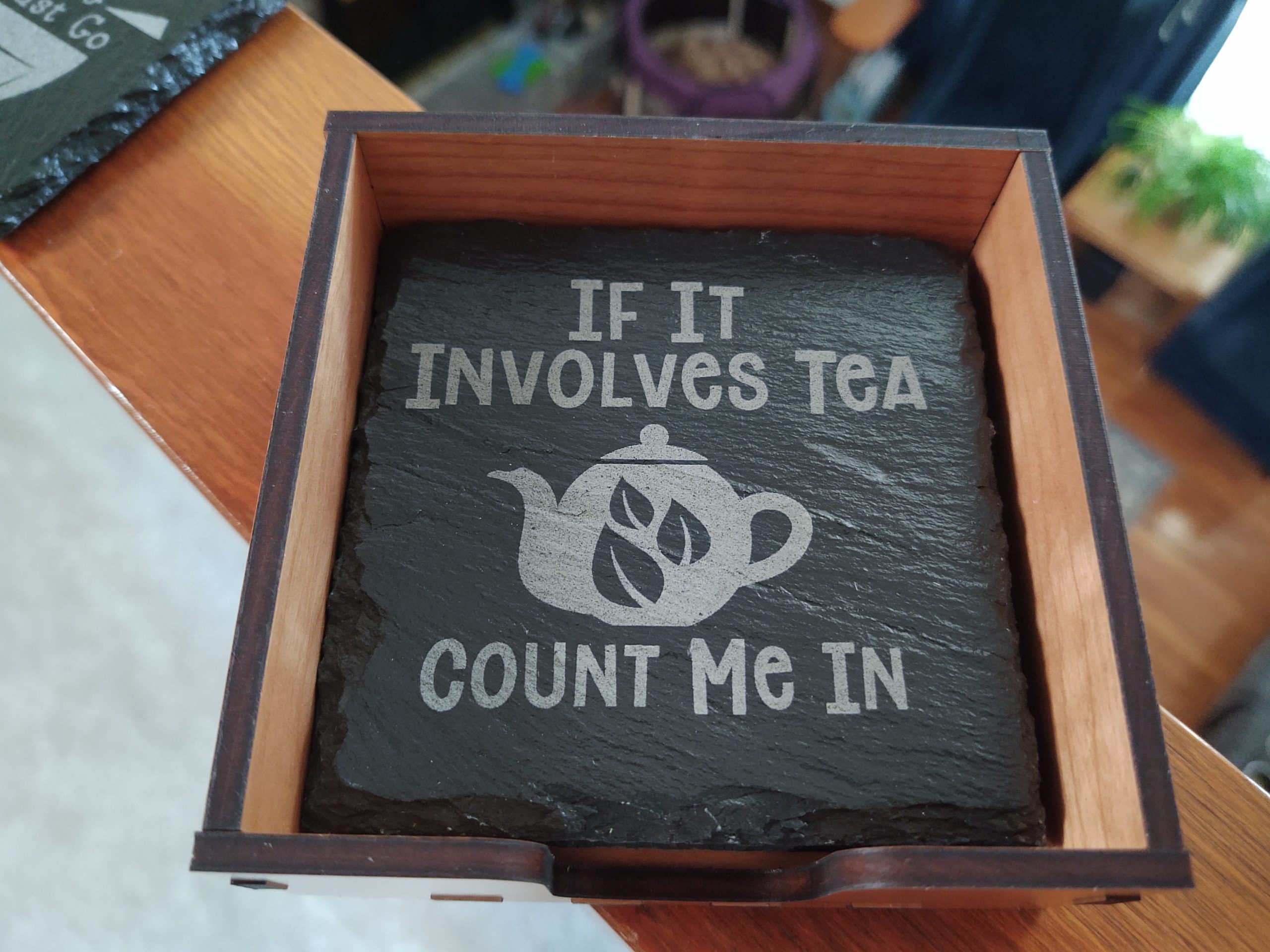 Tea Themed Slate Coasters with Holder
