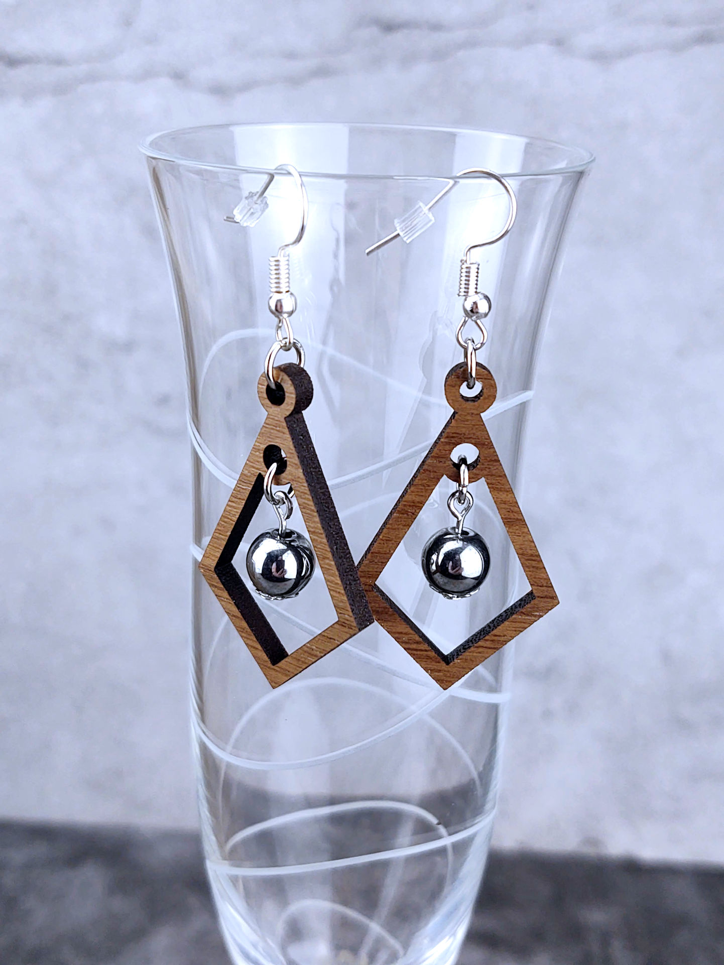 Wood and Silver Hematite Earrings