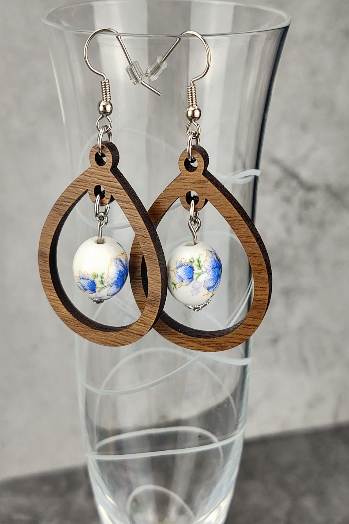 Wood and Floral Bead Earrings